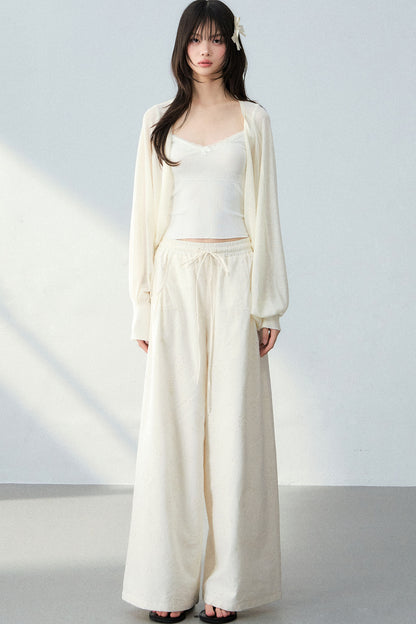 Batwing Cardigan & Camisole With Hollow Out Floral Pants Set-Up