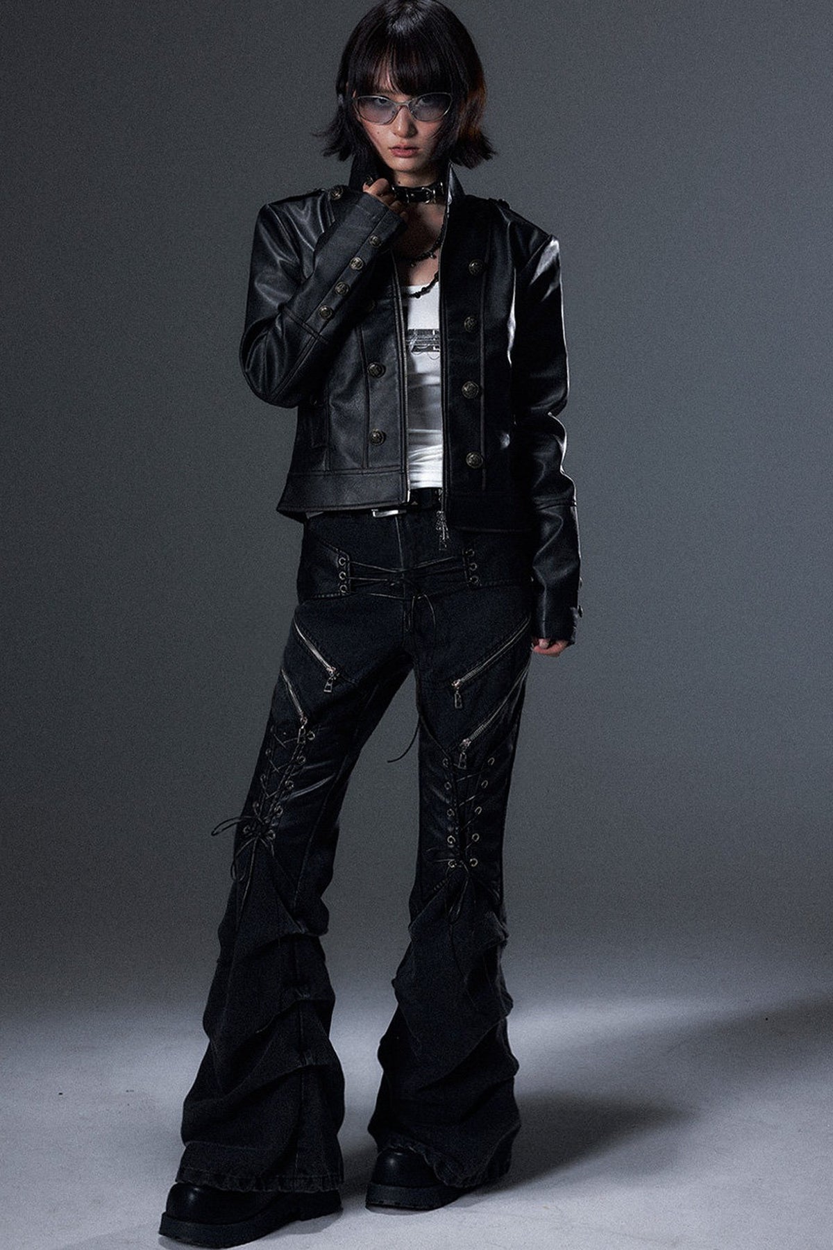Distressed Pleated Lace-Up Denim Jeans