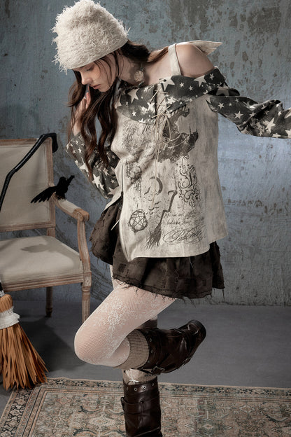 Plaid Wing Off-Shoulder Long-Sleeve T-Shirt