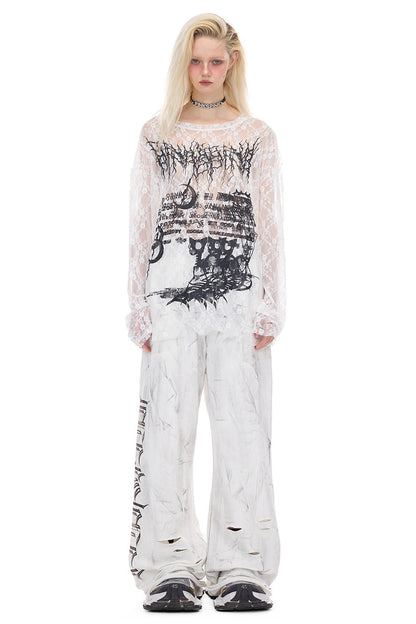 Loose Ripped Lace Cat Print Tee