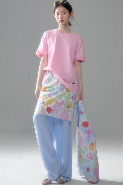 Hand-Painted Bird And Flower Print Skirt
