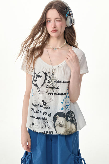 Marineblaues Kurzarmshirt mit Katzenmotiv