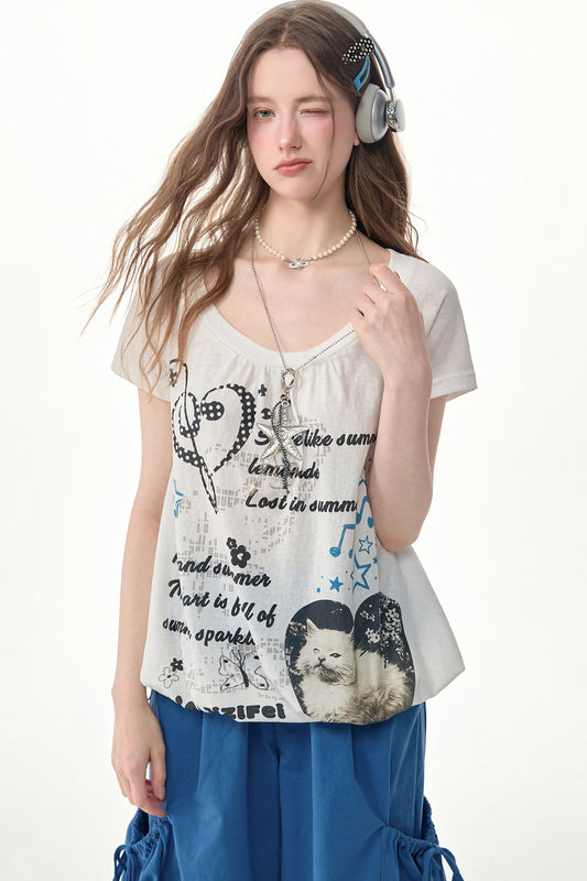 Marineblaues Kurzarmshirt mit Katzenmotiv