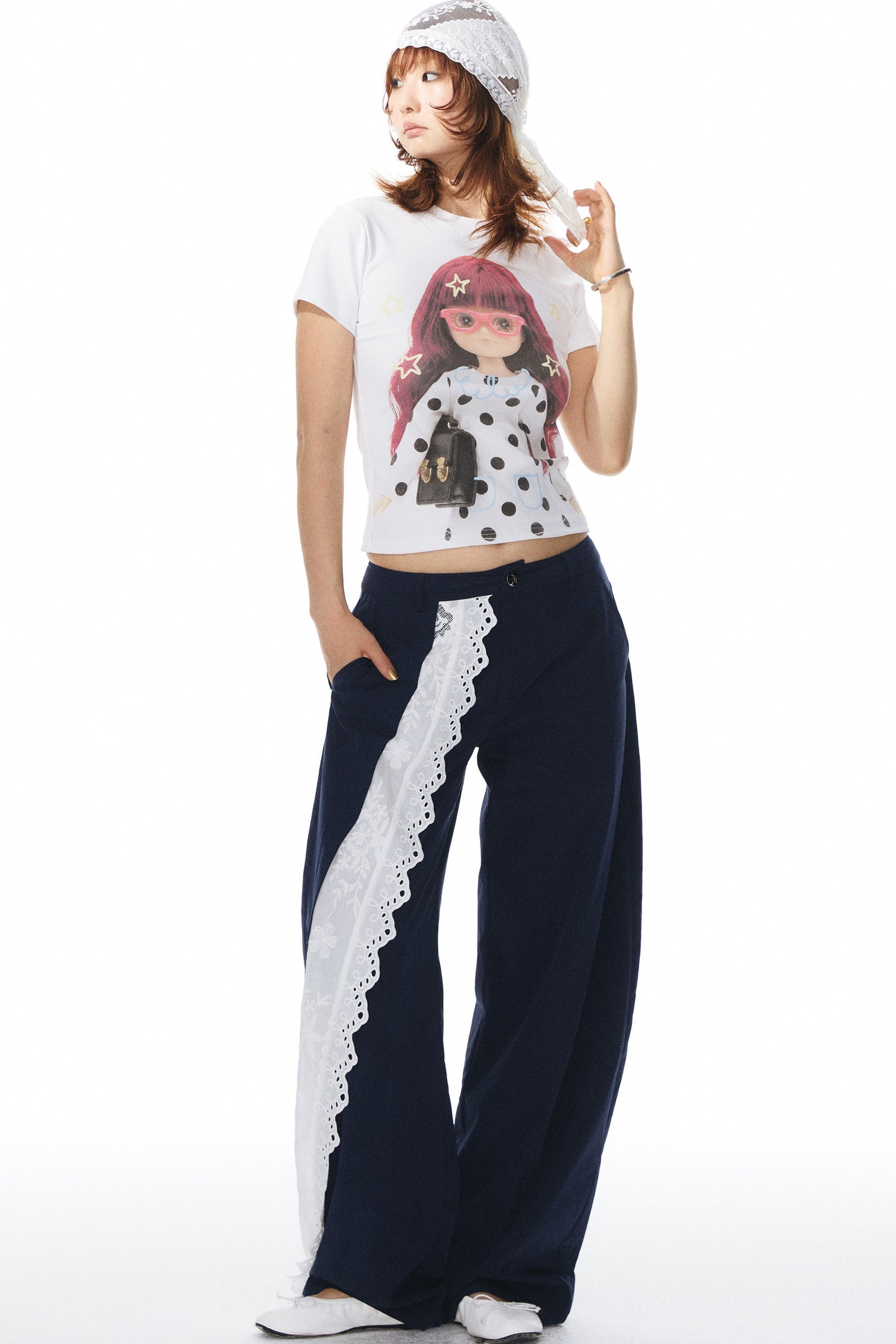 Navy Lace Trim Pants