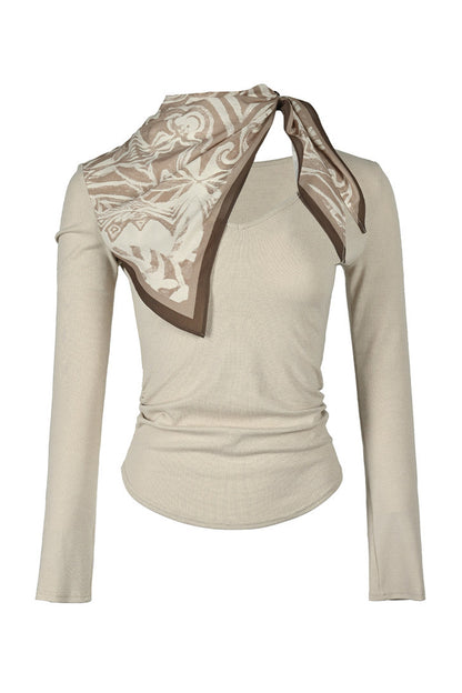 Printed Scarf Spliced Layered-Look Long-Sleeved Shirt