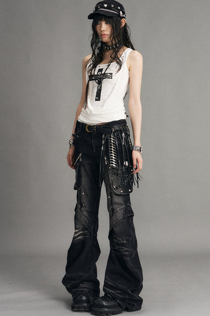 Punk Y2K Tassel Metal Chain PU Leather Belt