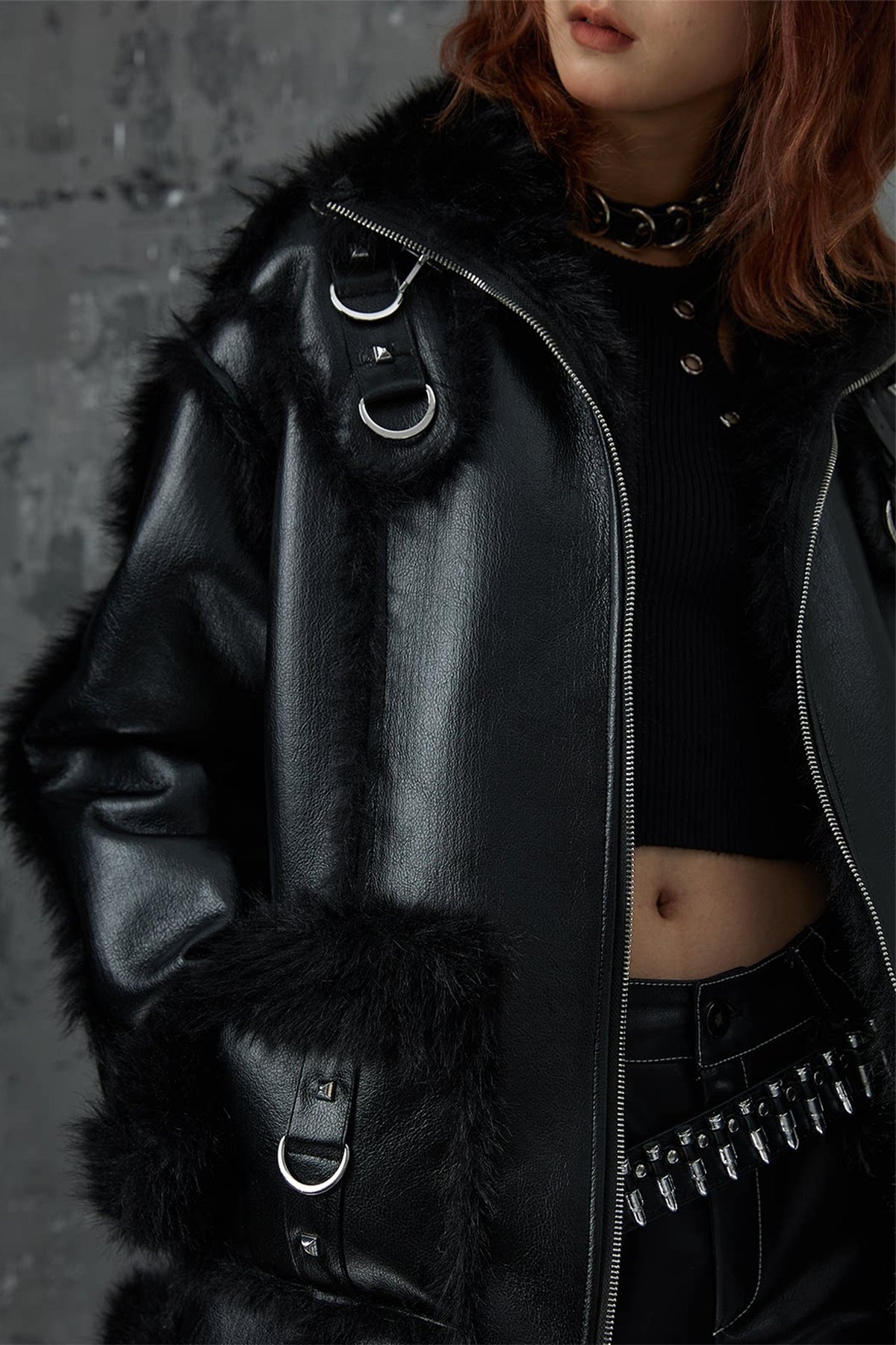 Dark Punk Metal Leather Fur Jacket