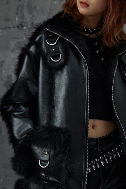 Dark Punk Metal Leather Fur Jacket