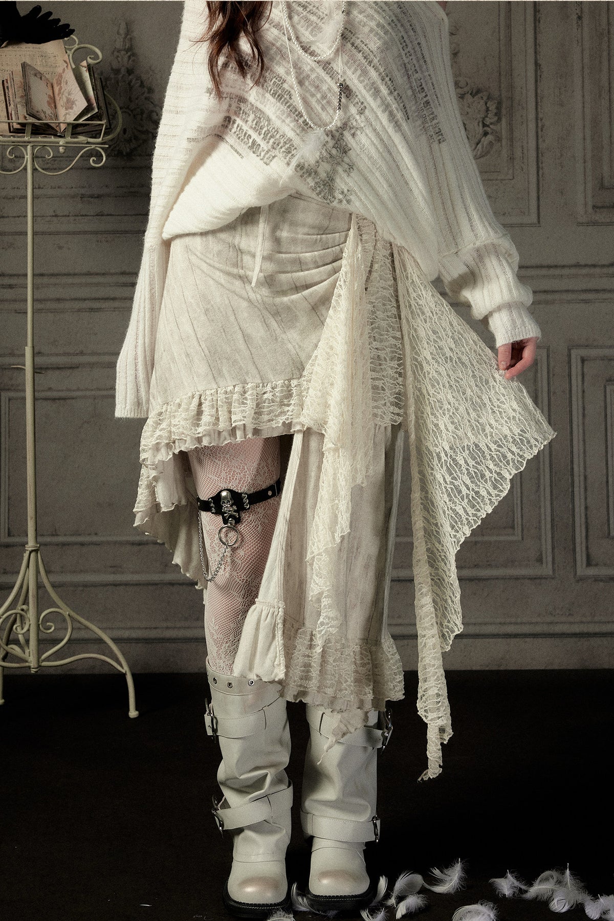 Beige Asymmetrical Lace Spliced Skirt