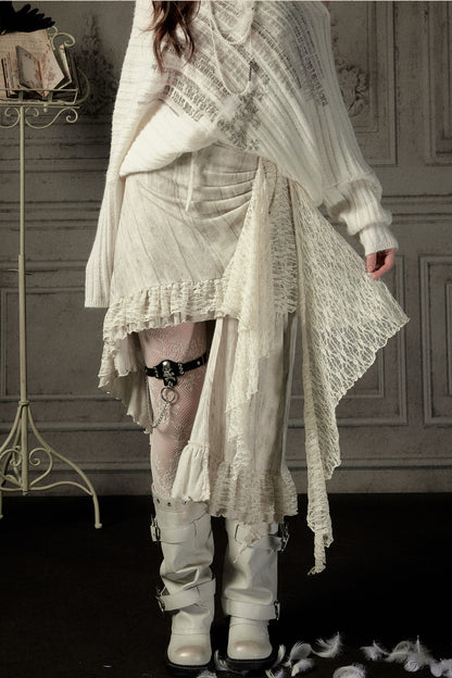 Beige Asymmetrical Lace Spliced Skirt