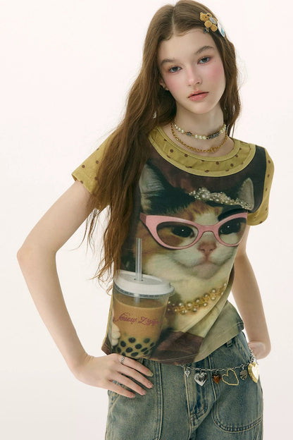 Retro Distressed Cat Print Top