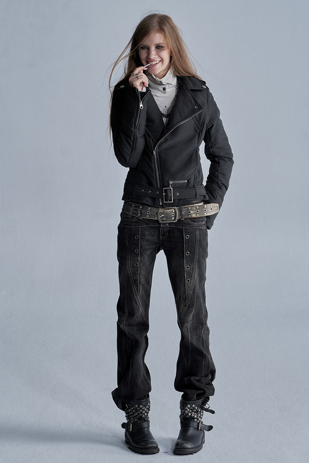 Punk Diagonal Zipper Belted Jacket