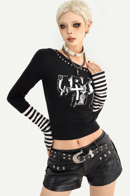 Off-Shoulder Letter Print Long Sleeve T-shirt
