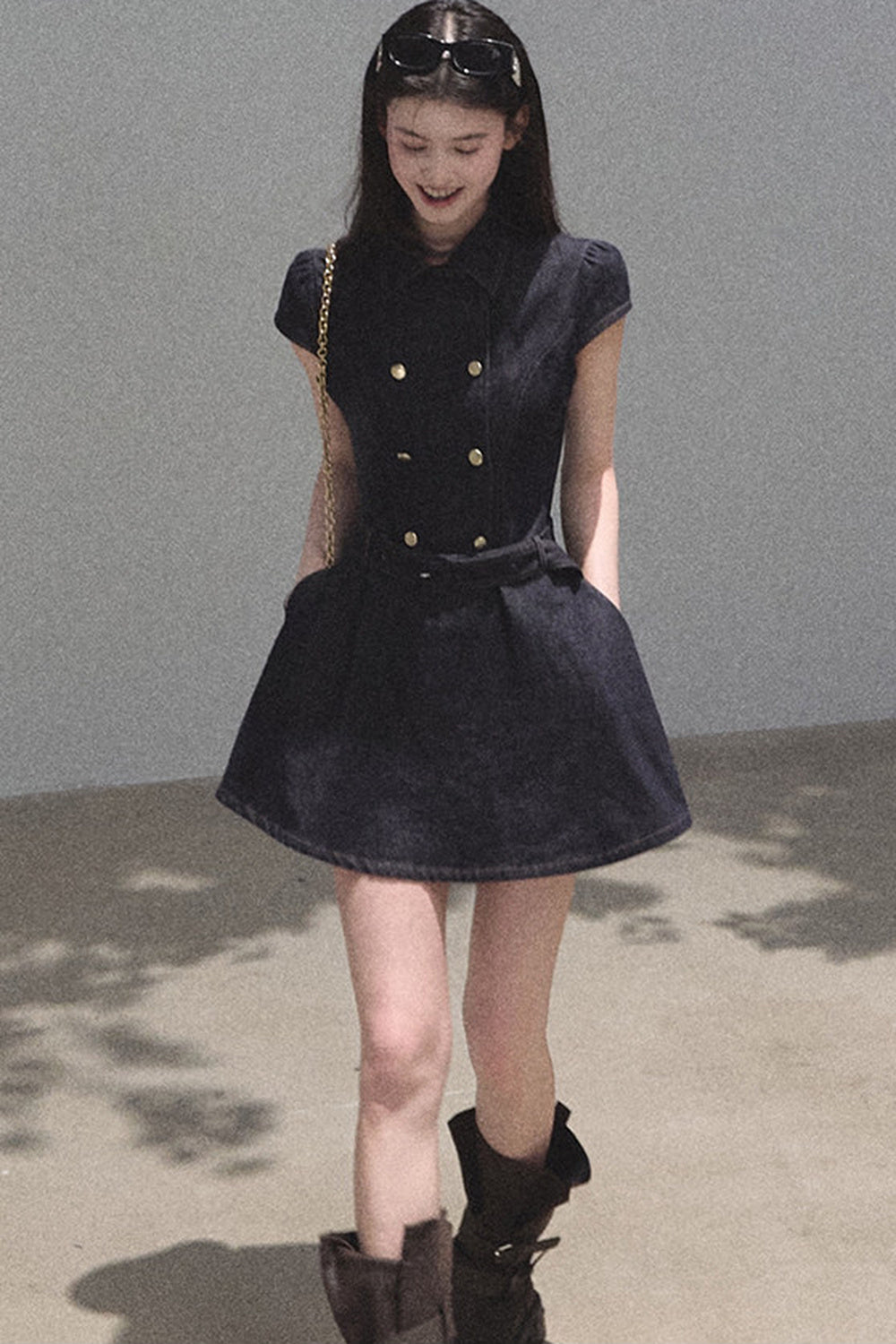 Retro Denim Waist-Cinching Dress Set-Up