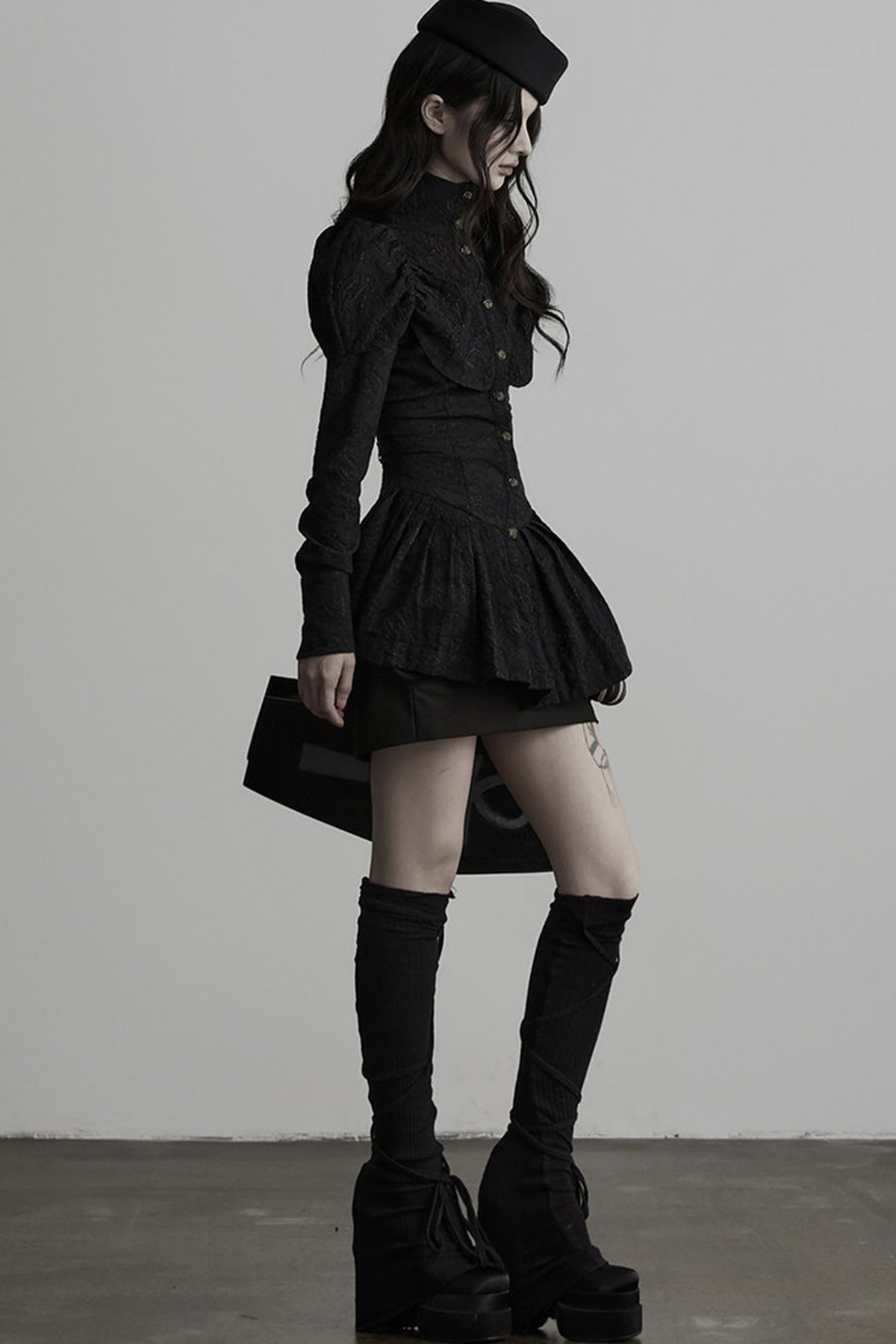 Jacquard Pleated Skirt-Style Hem Long-Sleeve Shirt