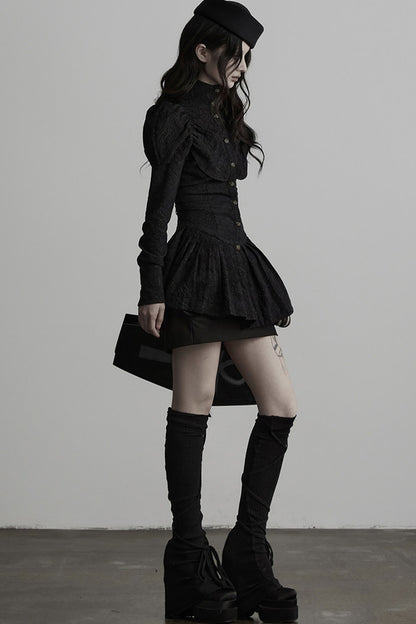 Jacquard Pleated Skirt-Style Hem Long-Sleeve Shirt