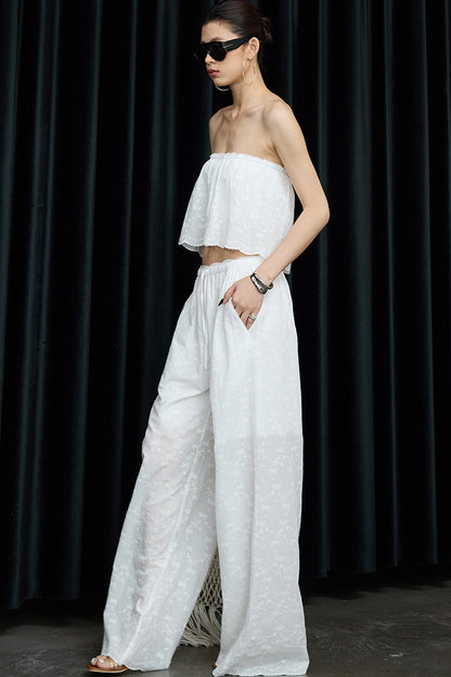 White Cotton Hollow Embroidery Top And Pants Set-Up