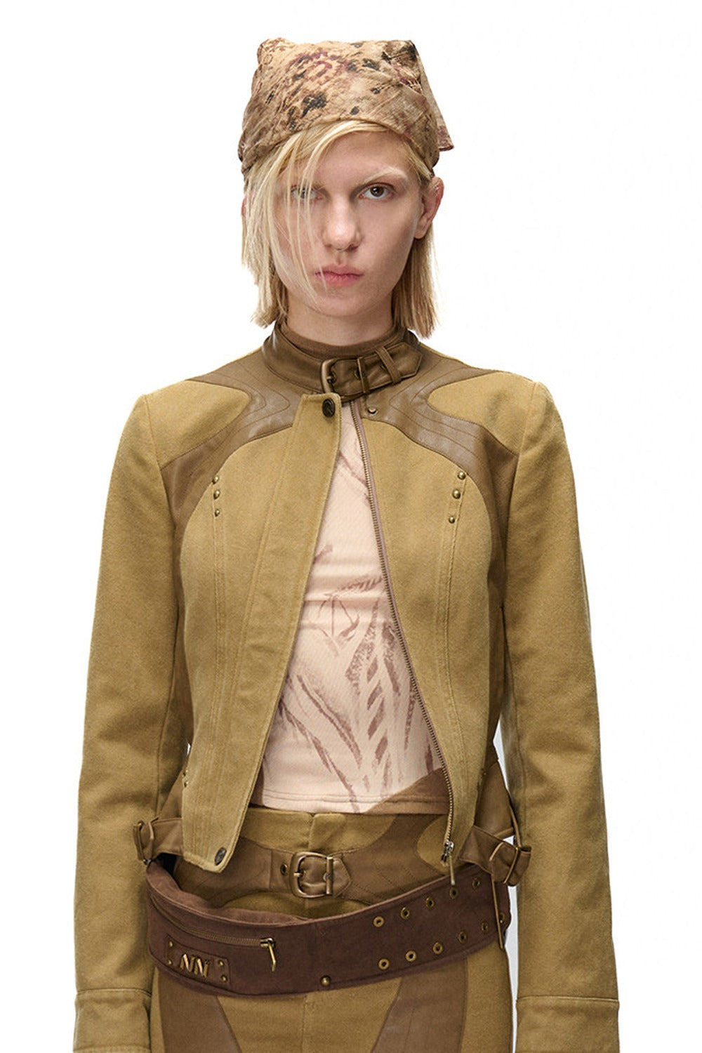 Storm Rider Washed Khaki PU Patchwork Jacket