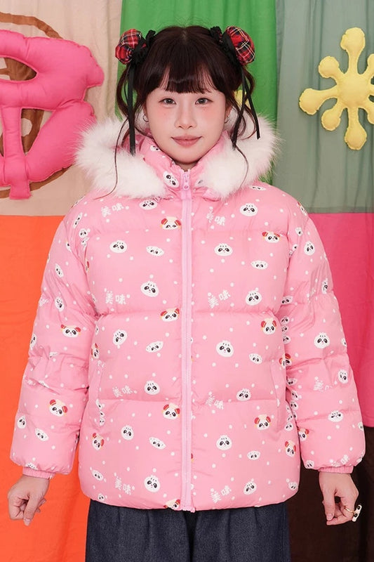 Pink Panda Hooded Down Jacket