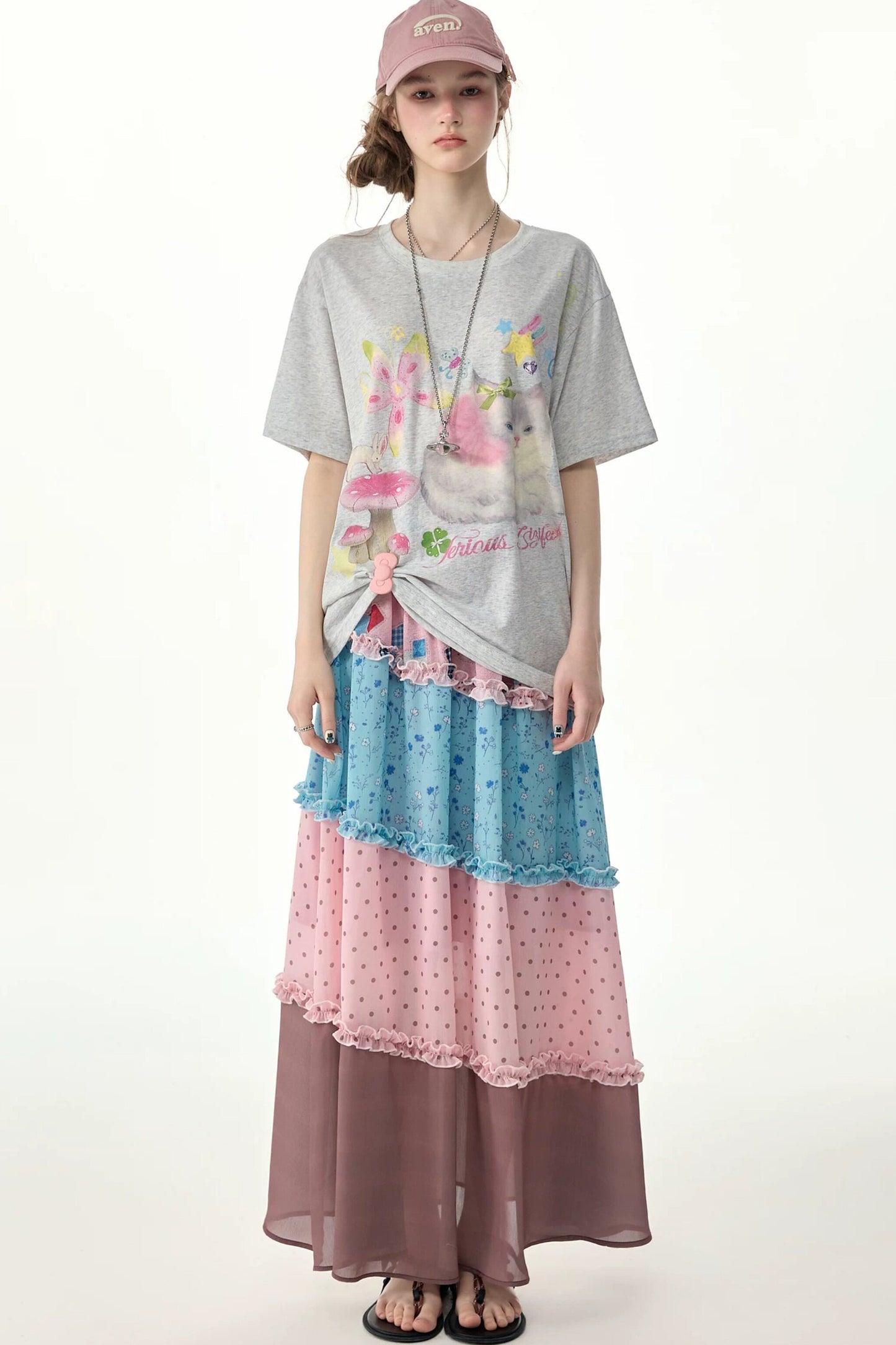 Pink Floral Polka Dot Tiered Maxi Skirt