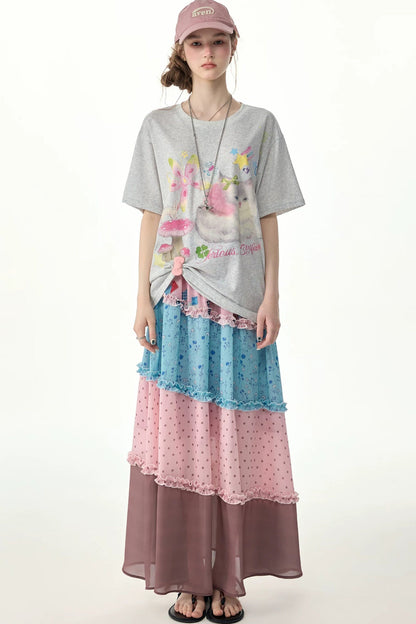 Pink Floral Polka Dot Tiered Maxi Skirt