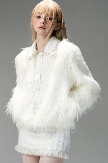 Snow Mountain Silver-White Long-Haired Fur Coat and Skirt Set-Up