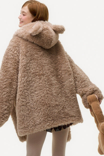 Hooded Bear Ear Fur Coat