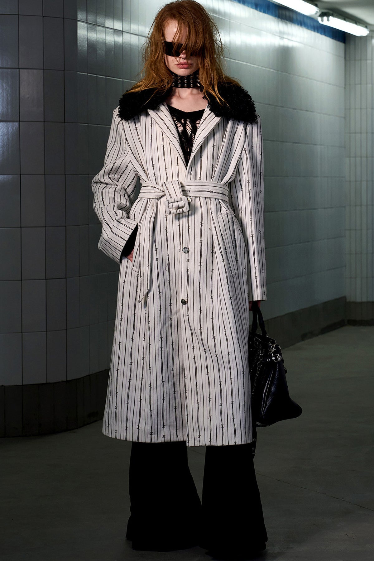Patchwork Stripe Fur Collar Coat