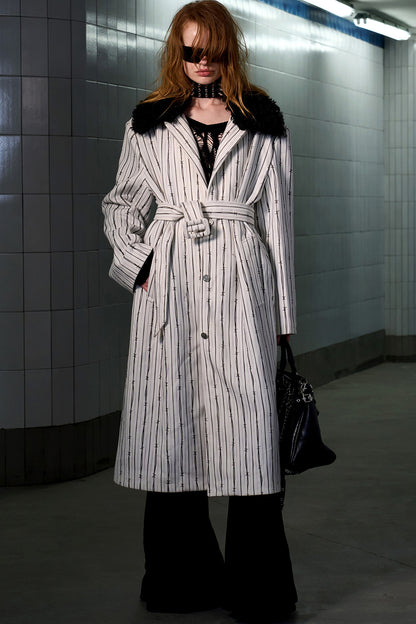 Patchwork Stripe Fur Collar Coat