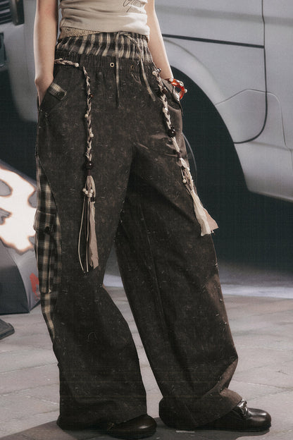 Pantalon large patchwork à carreaux