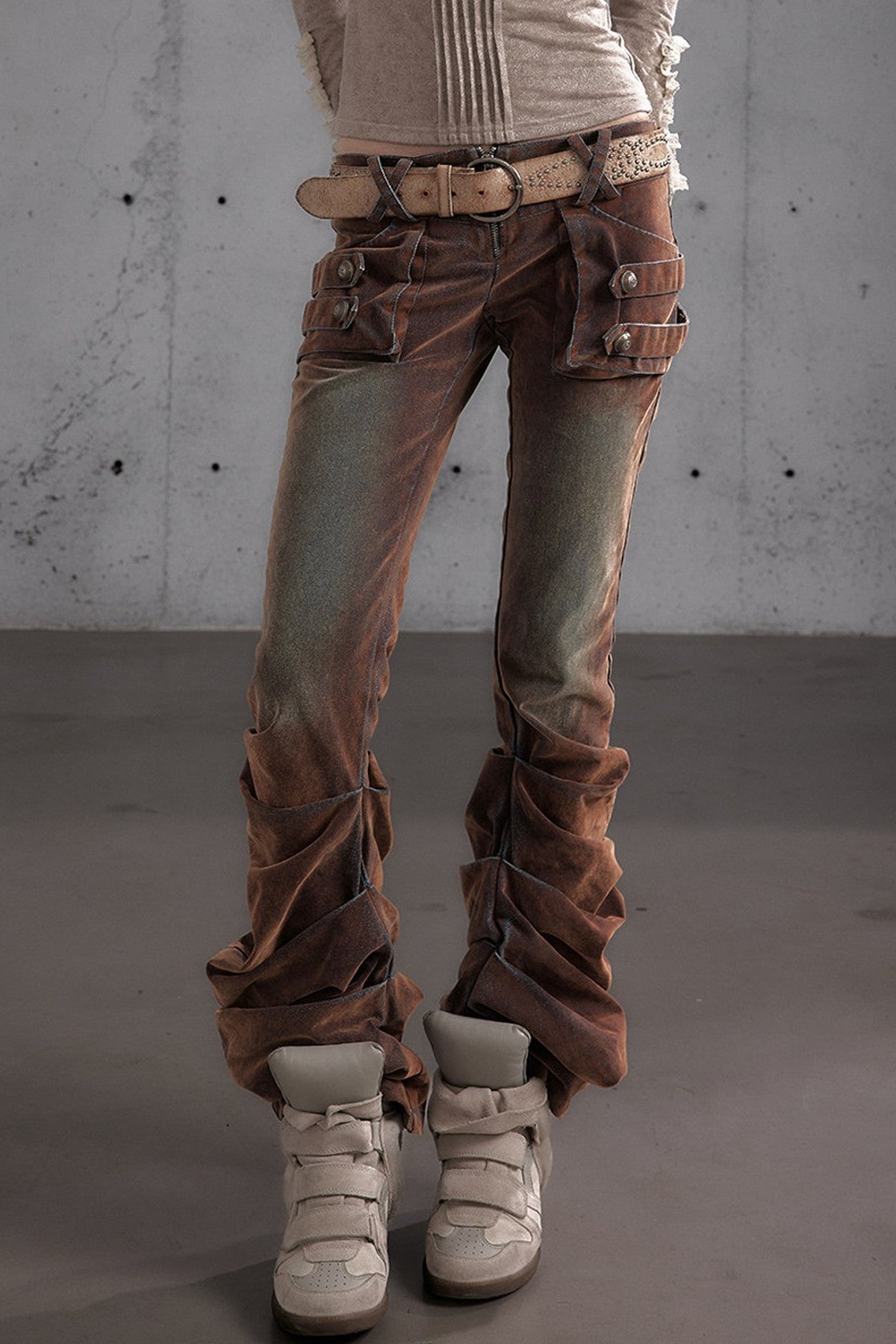 Punk Flocked Ruched Low-Waist Curved Leg Jeans