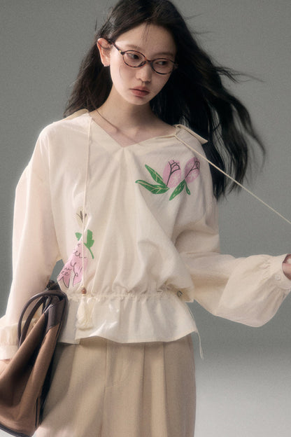 Bird And Rose Print Tencel Cotton Top