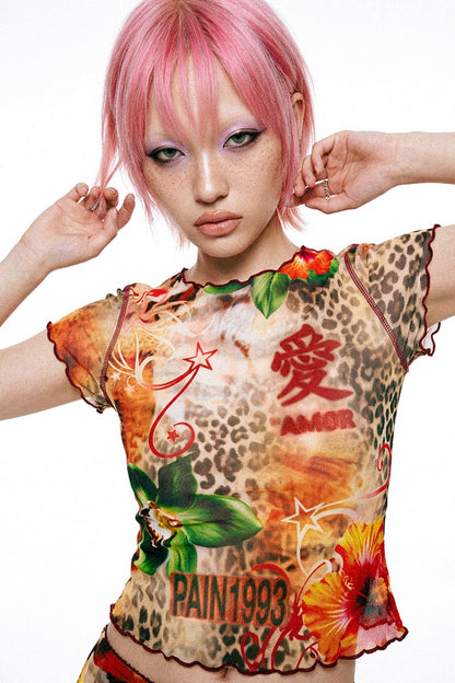 Completo con gonna a sirena in tessuto a rete con stampa leopardata