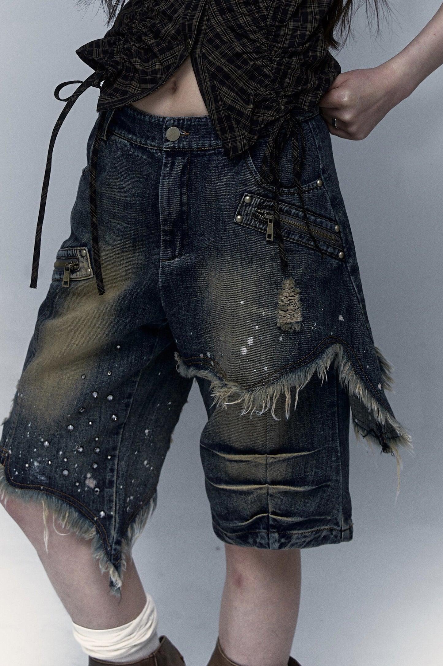 Pantaloncini di jeans effetto vissuto a gamba ampia