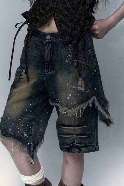 Pantaloncini di jeans effetto vissuto a gamba ampia