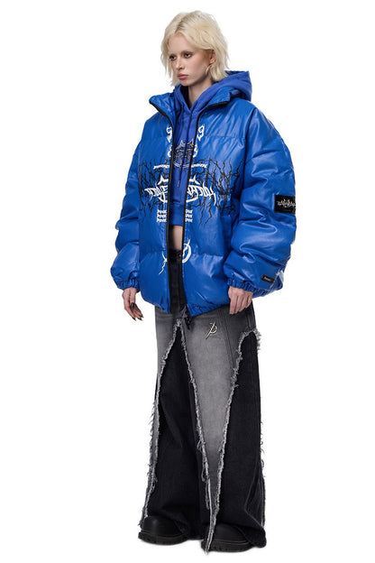 Logo PU Leather Motorcycle Puffer Jacket