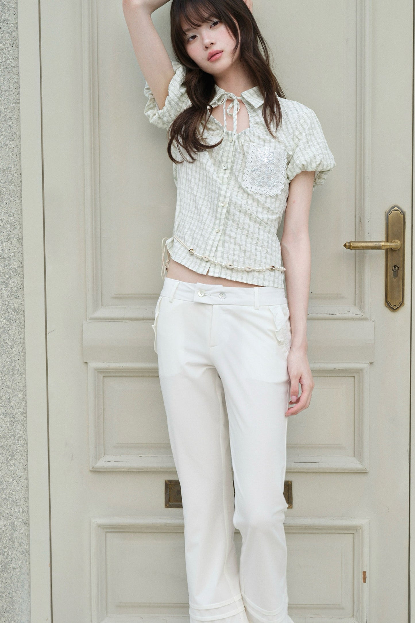 Light Green Plaid Hollow-Out Short-Sleeve Shirt