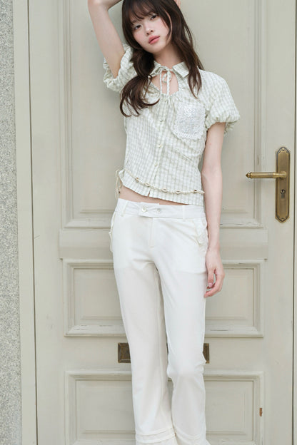Light Green Plaid Hollow-Out Short-Sleeve Shirt