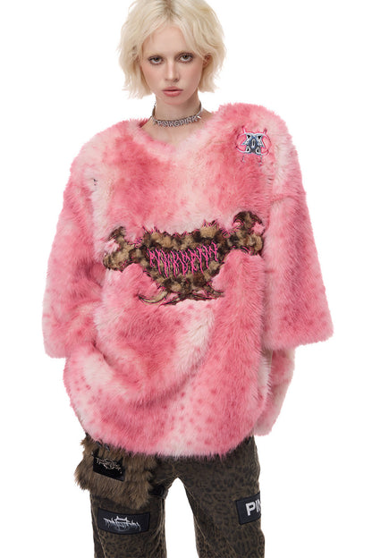 Pink Leopard Heart Embroidered Faux Fur Jacket