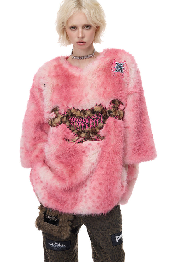Pink Leopard Heart Embroidered Faux Fur Jacket