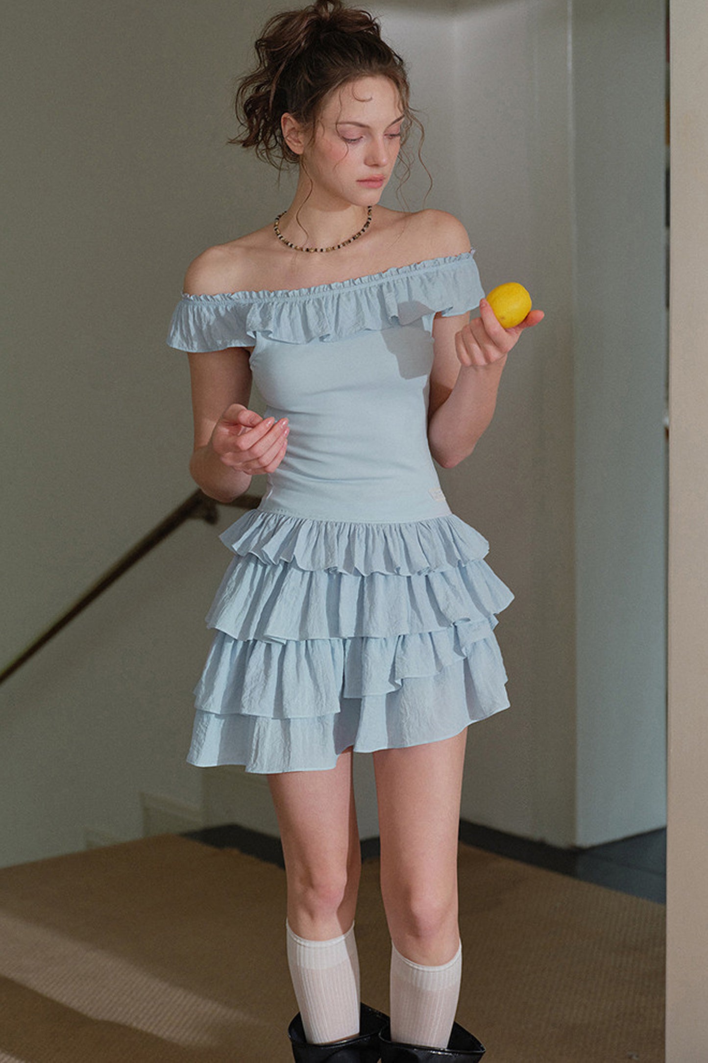 Mist Blue Ruffle Dress and Leggings Set