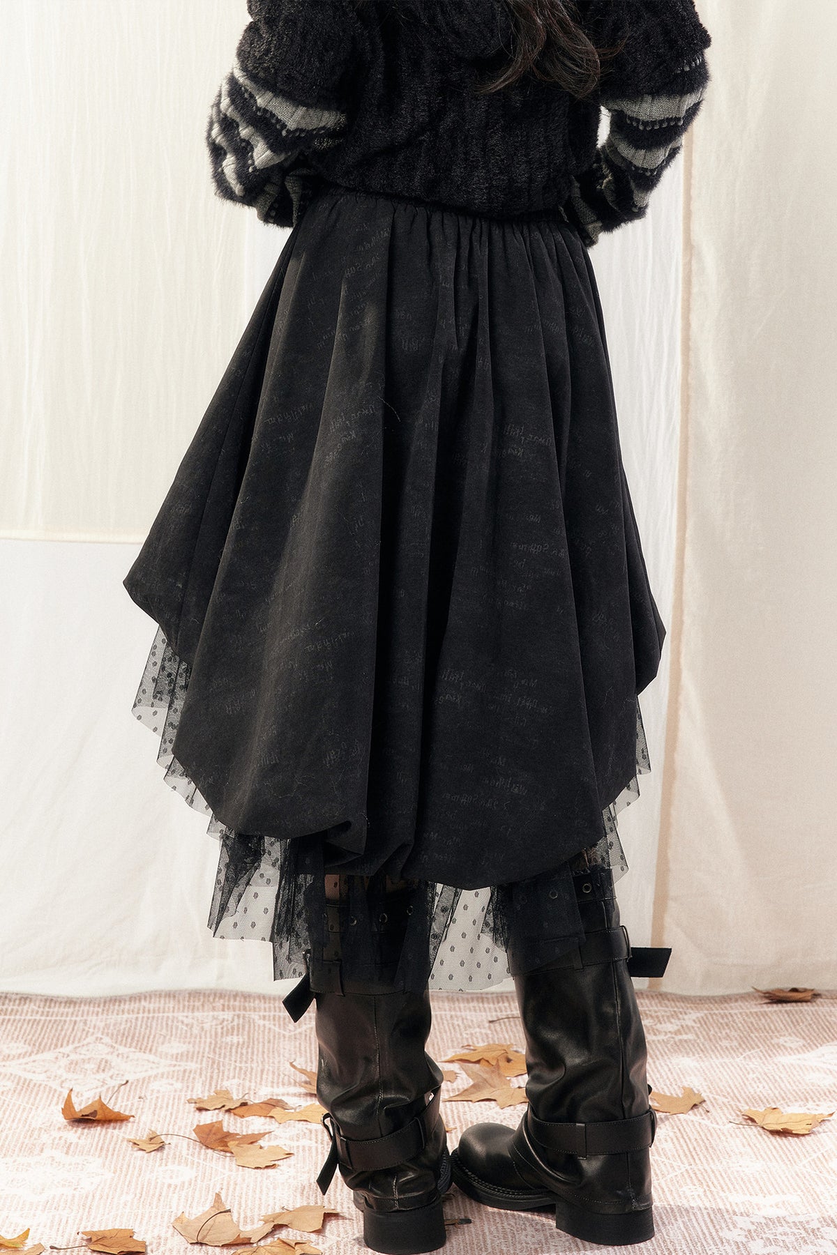 Black Asymmetrical Lace Splicing Polka Dot Skirt