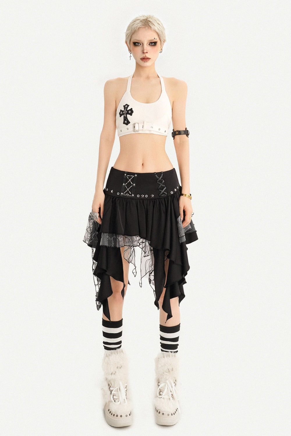 White Cross Print Studded Halter Top