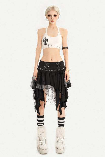 White Cross Print Studded Halter Top