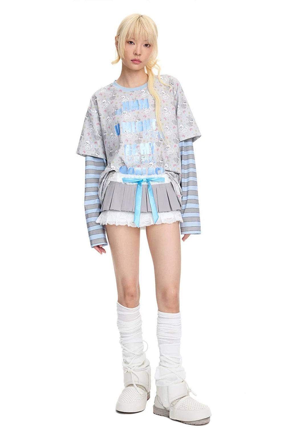 Bow Lace Layered-Look Pleated Skirt
