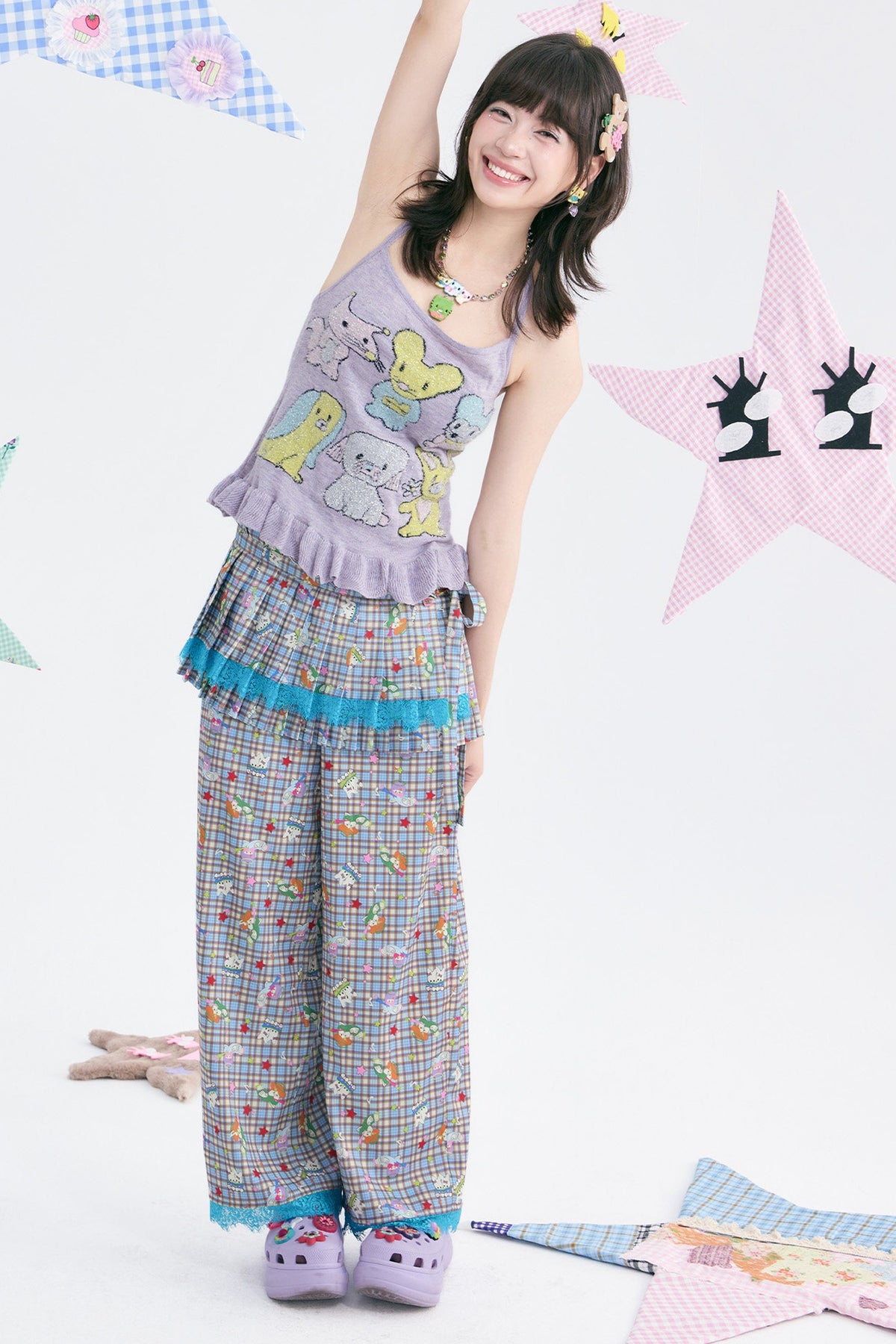 Plaid Layered-Look Lace Pants Set-Up