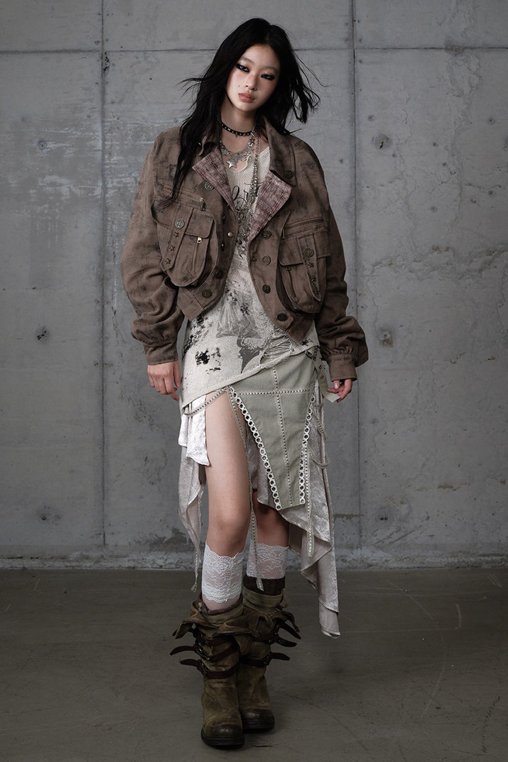 Loose Distressed Plaid Patchwork Jacket