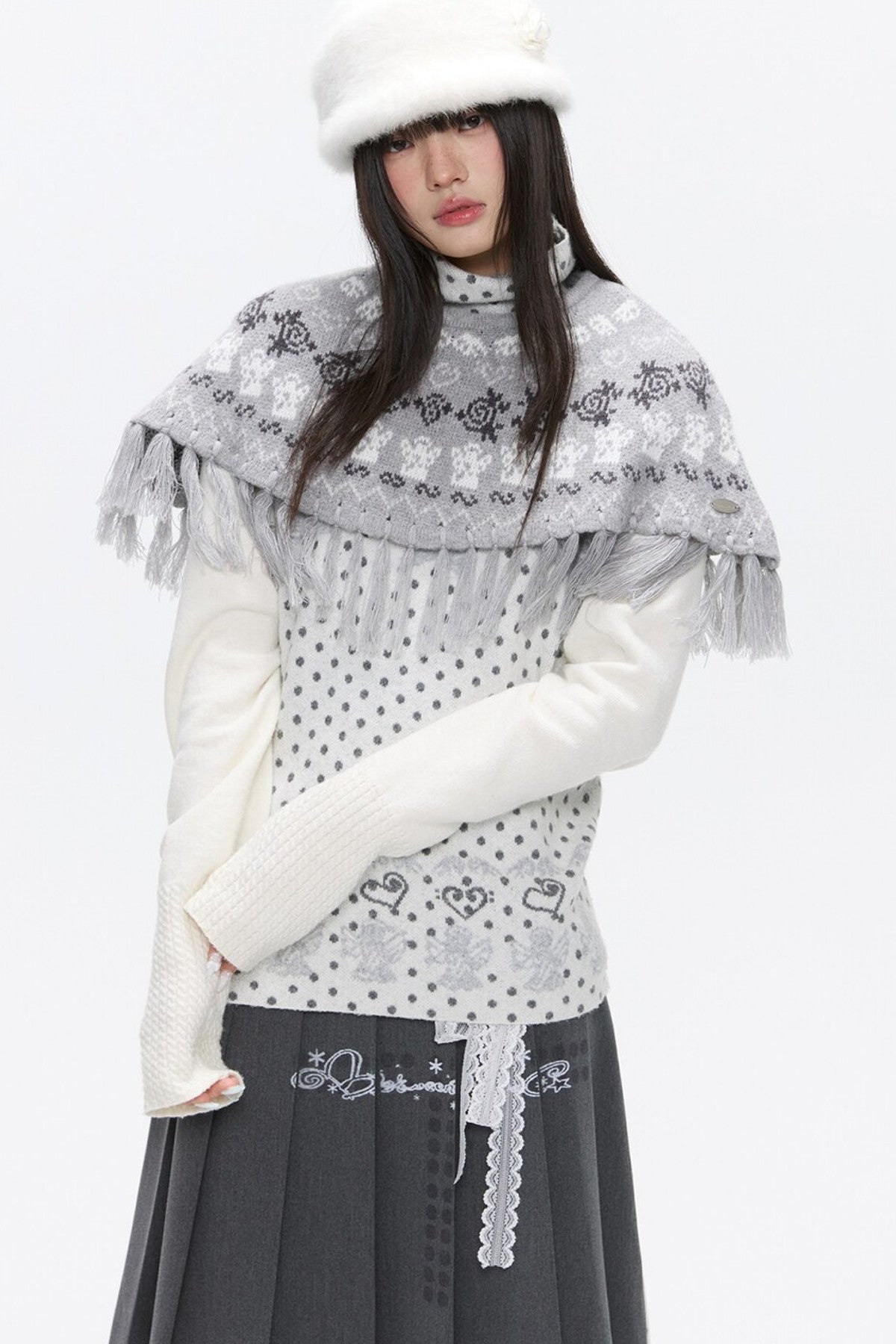 Fair Isle Tassel Knit Cape