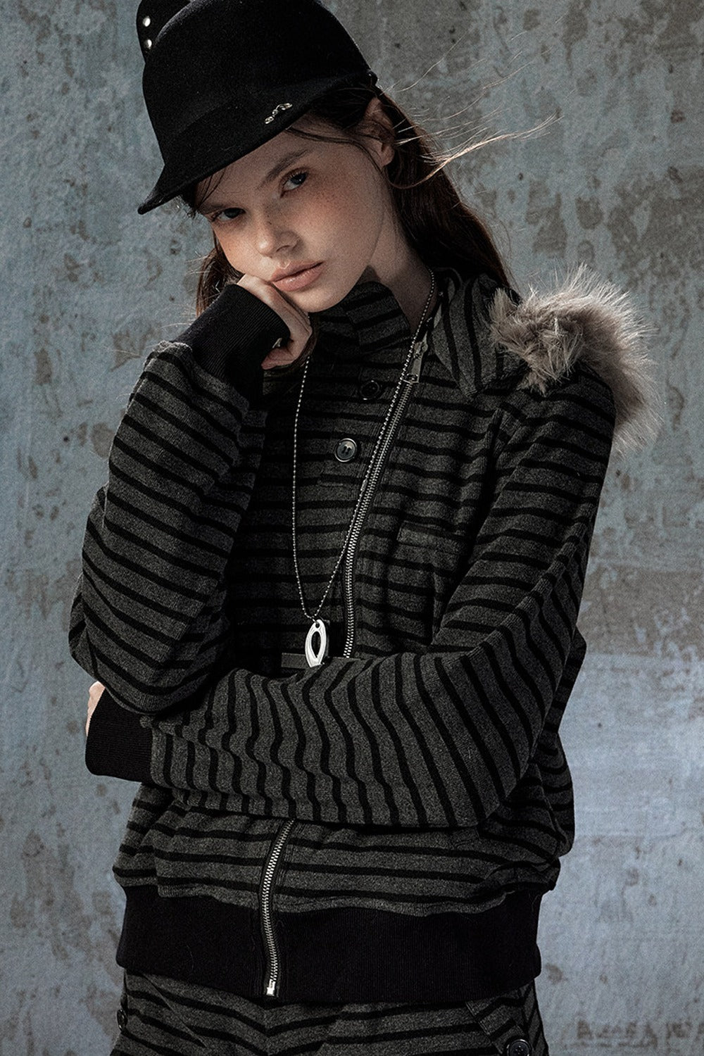 Fur Collar Striped Jacket