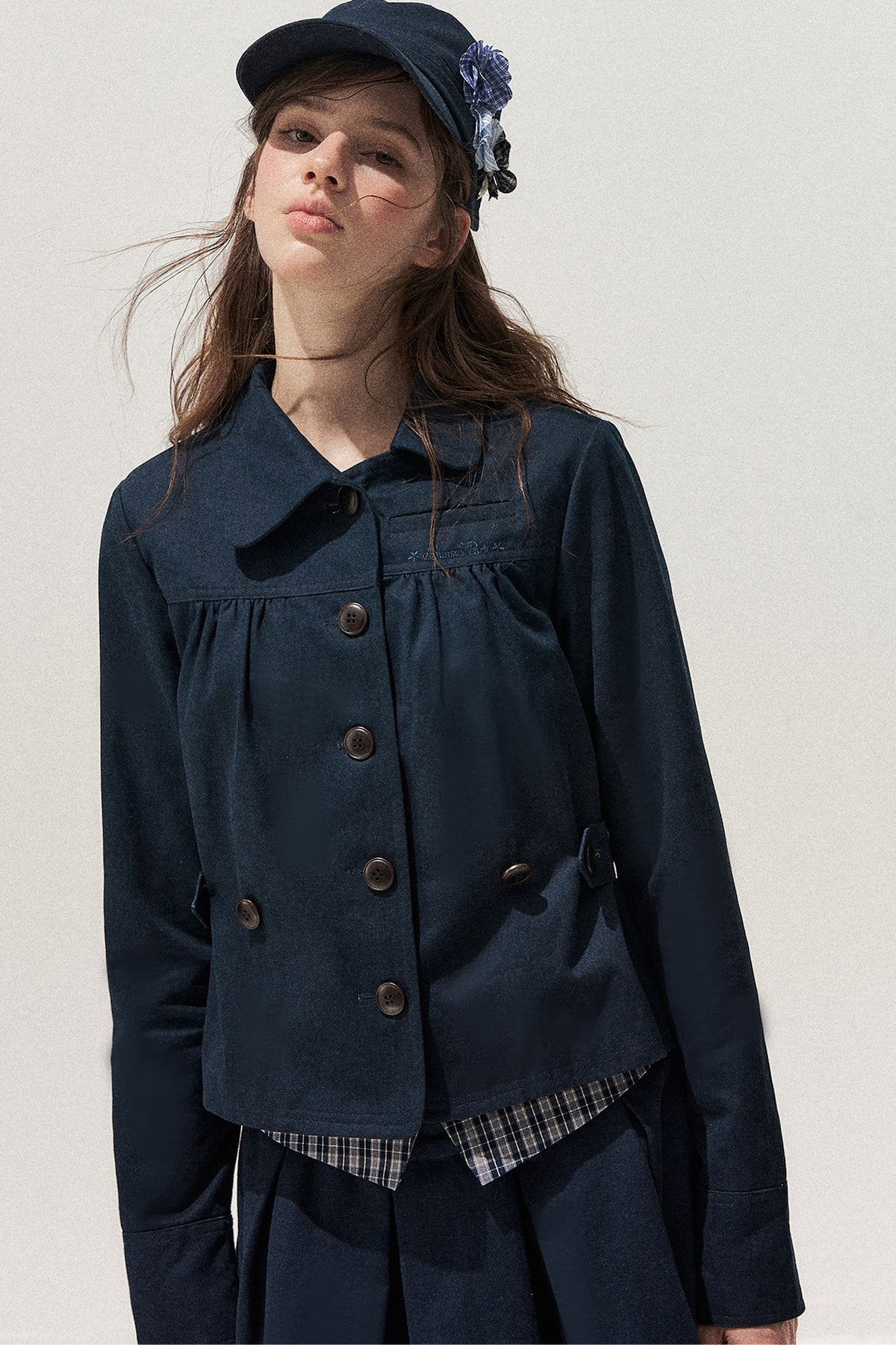 Navy Denim Jacket and Pleated Skirt Set-Up